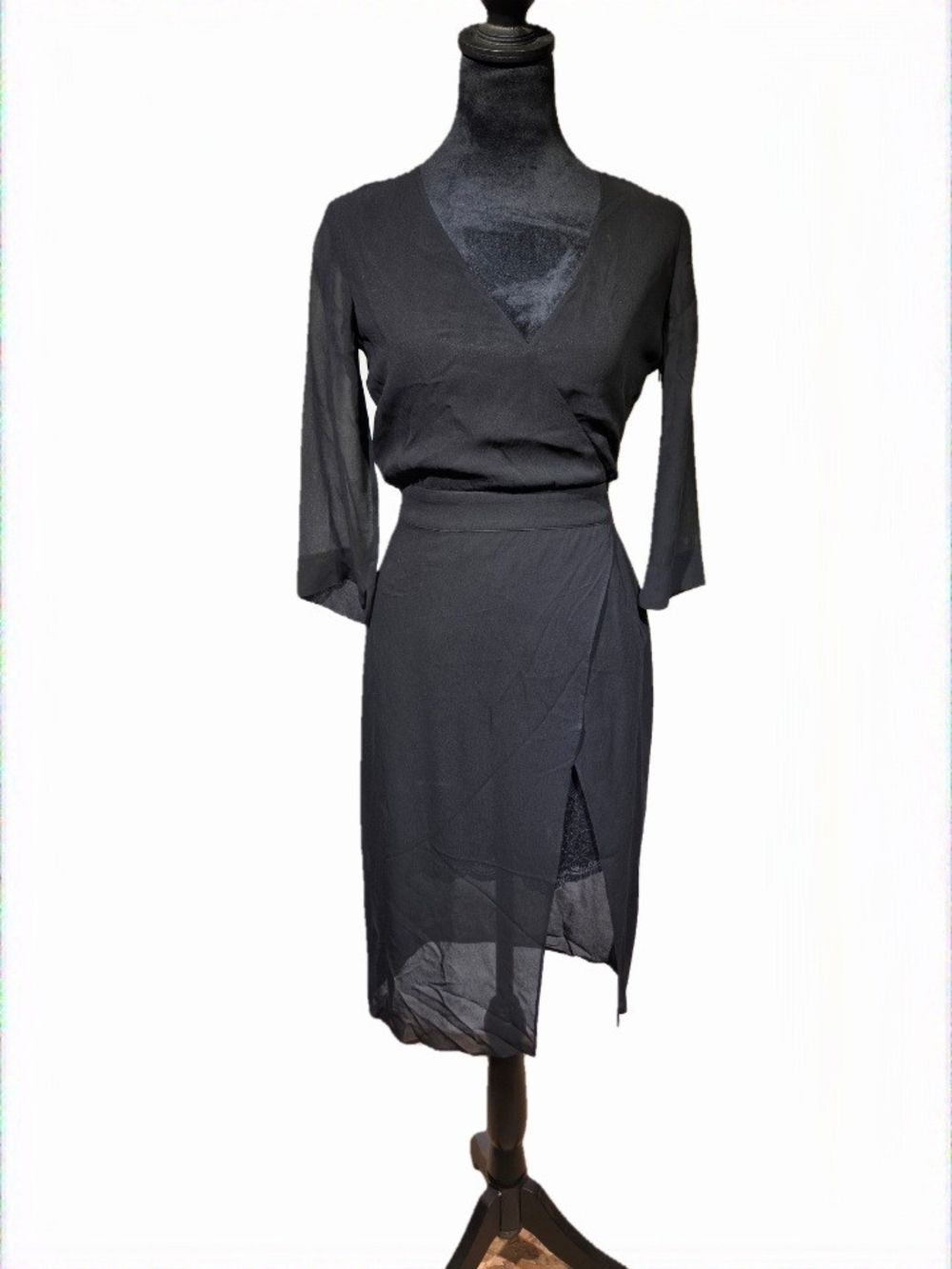 bebe Black Wrap Midi Dress with V-Neck With Lace Lined Underskirt
